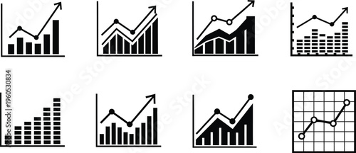 Monochrome set of business icons depicting various statistical charts including line graphs and rising bar columns illustrating.
