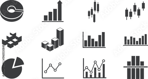 Various dark grayscale icons representing candlestick charts and three dimensional bar graphs used for technical trading analysis.