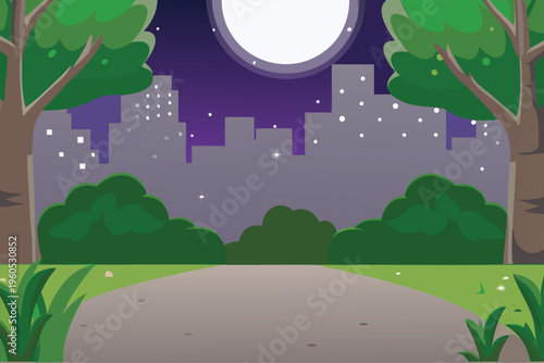 Stylized cityscape framed by trees under a bright full moon