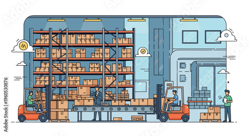 Busy industrial warehouse features workers organizing boxes on high shelves using forklifts and conveyor belt systems.
