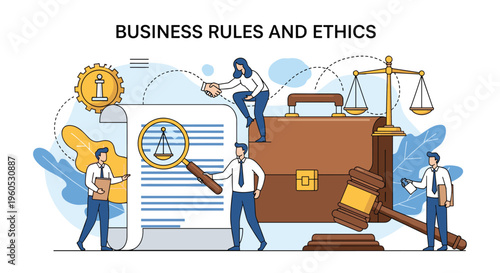 Professional concept for business rules and ethics shows lawyers and business people around legal documents and briefcase.