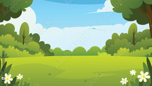 A vibrant cartoon landscape featuring trees a pond and flowers