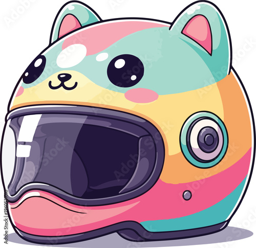 Colorful cartoon cat helmet with visor and ears on a white background in a vibrant and playful style.
