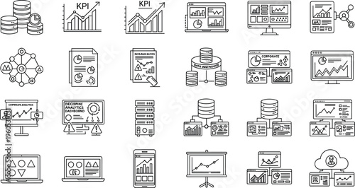 Data Analytics and KPI Dashboards Icon Set for Business Reports, Performance Monitoring, and Digital Analytics Solutions in Black and White