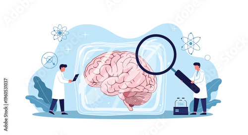 Research team conducts scientific study on human brain preserved in specialized transparent chamber using magnifying glass.
