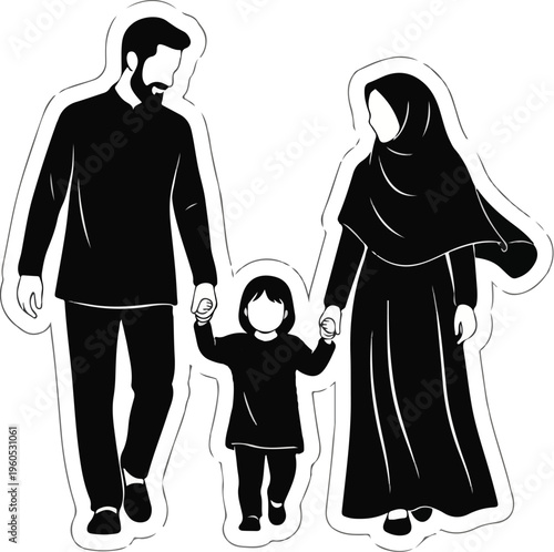 Black silhouette illustration of a family of three walking hand-in-hand against a white background.