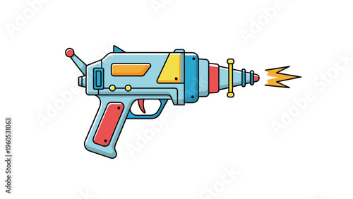 Colorful space ray gun firing a yellow zigzag energy beam with buttons, lights, and a classic science fiction aesthetic for imaginative play.