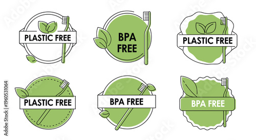 Set of eco-friendly product labels features plastic free and BPA free messages with bamboo toothbrush and leaves.