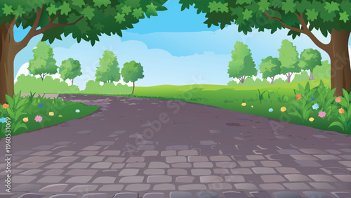 A vibrant cartoon landscape with rolling hills and a bright sky