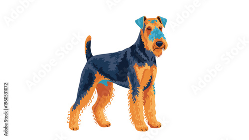 Profile illustration of an airedale terrier dog with its characteristic wire hair, tan and black coat, and alert expression in a standing pose.
