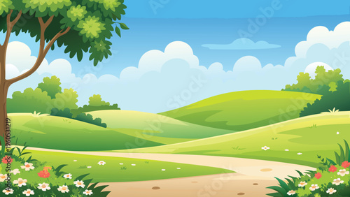 Serene landscape featuring rolling green hills and lush trees