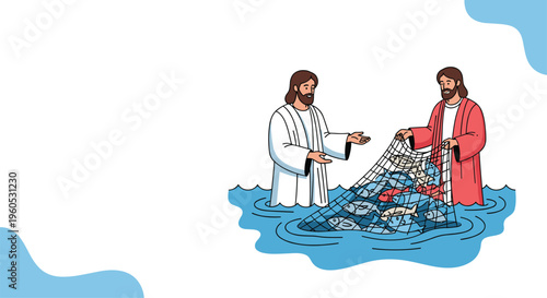 Religious illustration depicts two disciples or biblical figures working together to pull heavy net full of fish from sea.