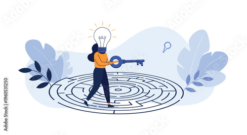 Woman with lightbulb head holds a key over a maze to represent creative problem solving and finding the right path to success.