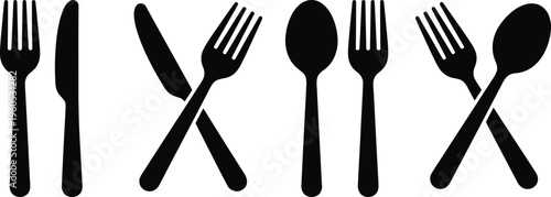 Black silhouettes of various forks knives and spoons on white