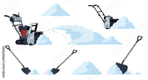 Selection of winter equipment including a heavy duty snow blower, snow thrower, and manual shovels for clearing snowy driveways.