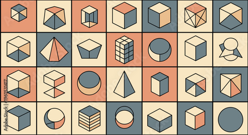 Modern abstract pattern consisting of a grid with various colorful three dimensional geometric shapes like cubes and pyramids.