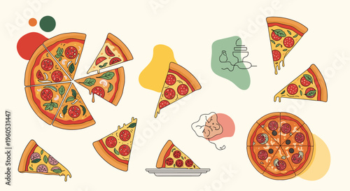 Collection of various pepperoni pizza slices and whole pizzas with different vegetable toppings shown on a light background.