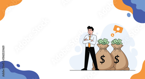 Successful businessman stands proudly next to two large bags filled with money to illustrate financial wealth and prosperity.