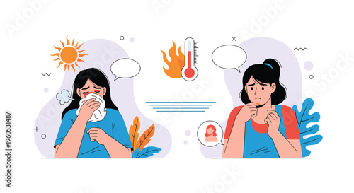 Women experiencing seasonal health issues including heat exhaustion from the sun and a common cold with a runny nose symptom.