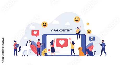 People interact with digital social media content on a giant smartphone screen featuring likes, emojis, and mythical icons.