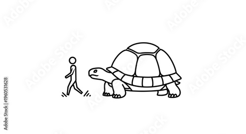 A minimalist black and white illustration depicting a human figure walking alongside a giant