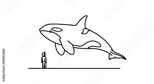 Minimalist graphic depicting the immense scale of an orca contrasted with a small human figure