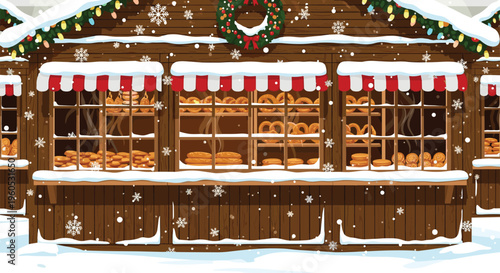 Traditional wooden christmas market stall decorated with festive lights and a wreath selling pretzels in a snowy environment.