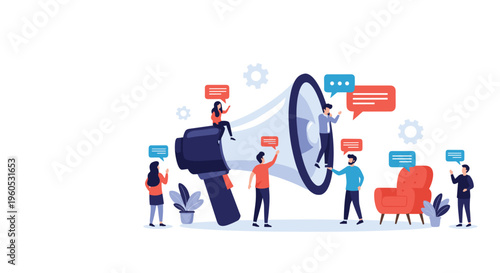 Group of small people gathered around a giant megaphone to communicate their messages and ideas through social media icons.