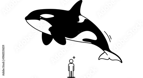 Minimalist graphic portraying the grand scale of an orca whale next to a small human figure