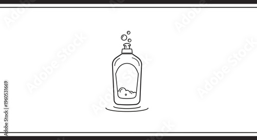Minimalist line art illustration of a dishwashing liquid bottle with cleaning bubbles a household