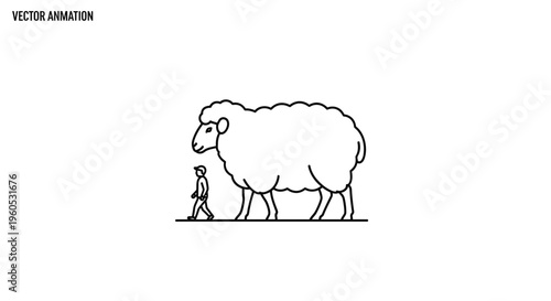 Disparity in Scale: Human and Overgrown Sheep Minimalist Vector Animation Concept