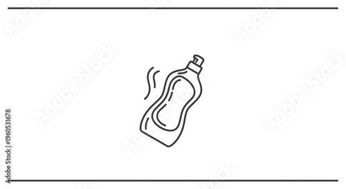 Minimalist line art illustration of a dishwashing liquid bottle emitting a pleasant scent,