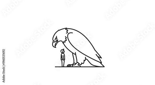 A colossal eagle observing a tiny human figure in a stark illustration of scale and power dynamics