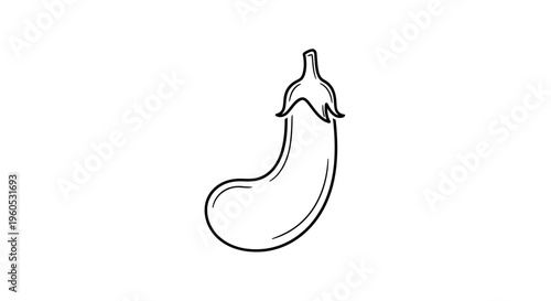 Minimalist black outline drawing of a fresh eggplant illustration on clean white background,