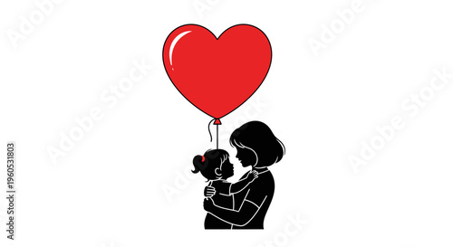 Heart Balloon Joy Flat Silhouette of a Mother and Child Holding a Large Heart, Celebrating Love