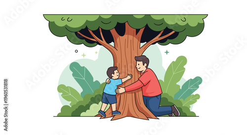 Father and young son sharing a warm hug around the trunk of a large tree in a green forest to symbolize family connection.