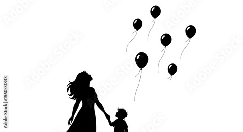 Releasing Joy Flat Silhouette of a Mother and Child Releasing Balloons, Symbolizing Hope and Happiness