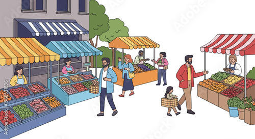 Customers browse and buy fresh produce at a busy outdoor farmers market with multiple stalls selling fruits and vegetables.