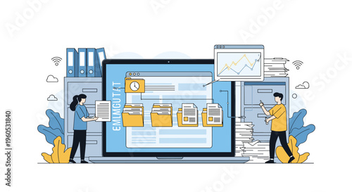 Team of professionals organizes digital data and files on a large laptop screen with folders, charts, and document stacks.