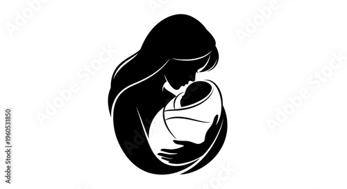 Serene Cradling Minimalist Flat Silhouette of a Mother Tenderly Holding Her Swaddled Baby in Arms