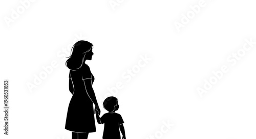Hopeful Future Flat Silhouette of a Mother and Child Gazing Towards a Symbolic Heart, Full of Love