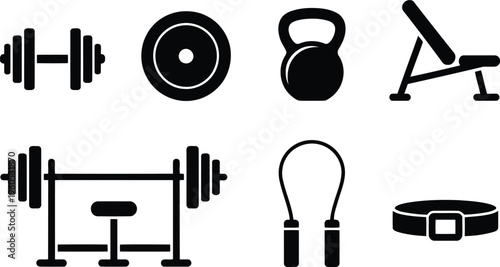 A comprehensive set of black silhouette icons illustrates various gym equipment used for strength and cardio training