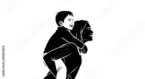 Playful Piggyback Ride Flat Silhouette of a Joyful Mother and Child, Celebrating Happy Family Moments