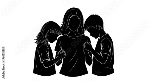 Harmonious Family Flat Silhouette of a Mother with Two Children, Symbolizing Love and Togetherness