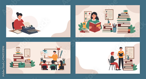 Collection of illustrations depicting people engaged in writing with a typewriter, reading books, and classroom teaching.