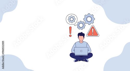 Man sitting cross legged with a laptop looks stressed while dealing with technical computer errors and warning alert icons.