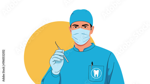 Professional male dentist in blue surgical scrubs and a face mask holding a dental pick tool in front of a yellow circular background.