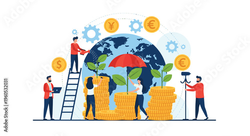 Team of diverse people working around a globe to grow green plants on stacks of gold coins for sustainable global investment.