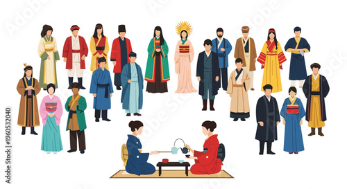 Large group of people in traditional asian clothing gathered for a formal tea ceremony performed by two people on a mat.