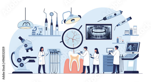 Professional dental team works in a modern laboratory with advanced medical equipment, microscopes, and dental x-ray films.